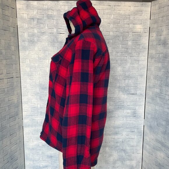 Boston Traders Flannel Shirt Jacket Womens S Red Navy Plaid Sherpa Lined Hooded - Picture 2 of 6